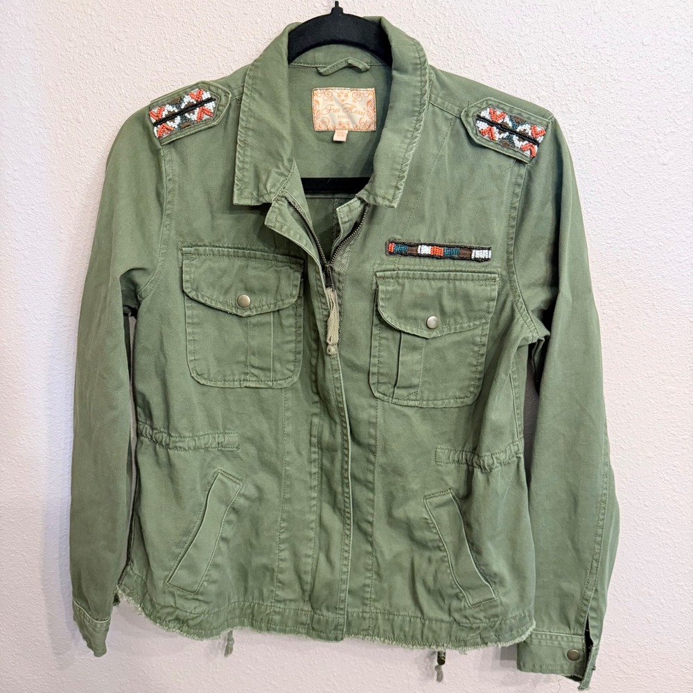 Free Heart Olive Green Beaded Utility Jacket Womens Small Military Field Coat